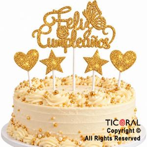 CAKE TOPPER FELIZ CUMPLEA�OS CON ESTRELLAS Y CORAZONES GIBRE ORO